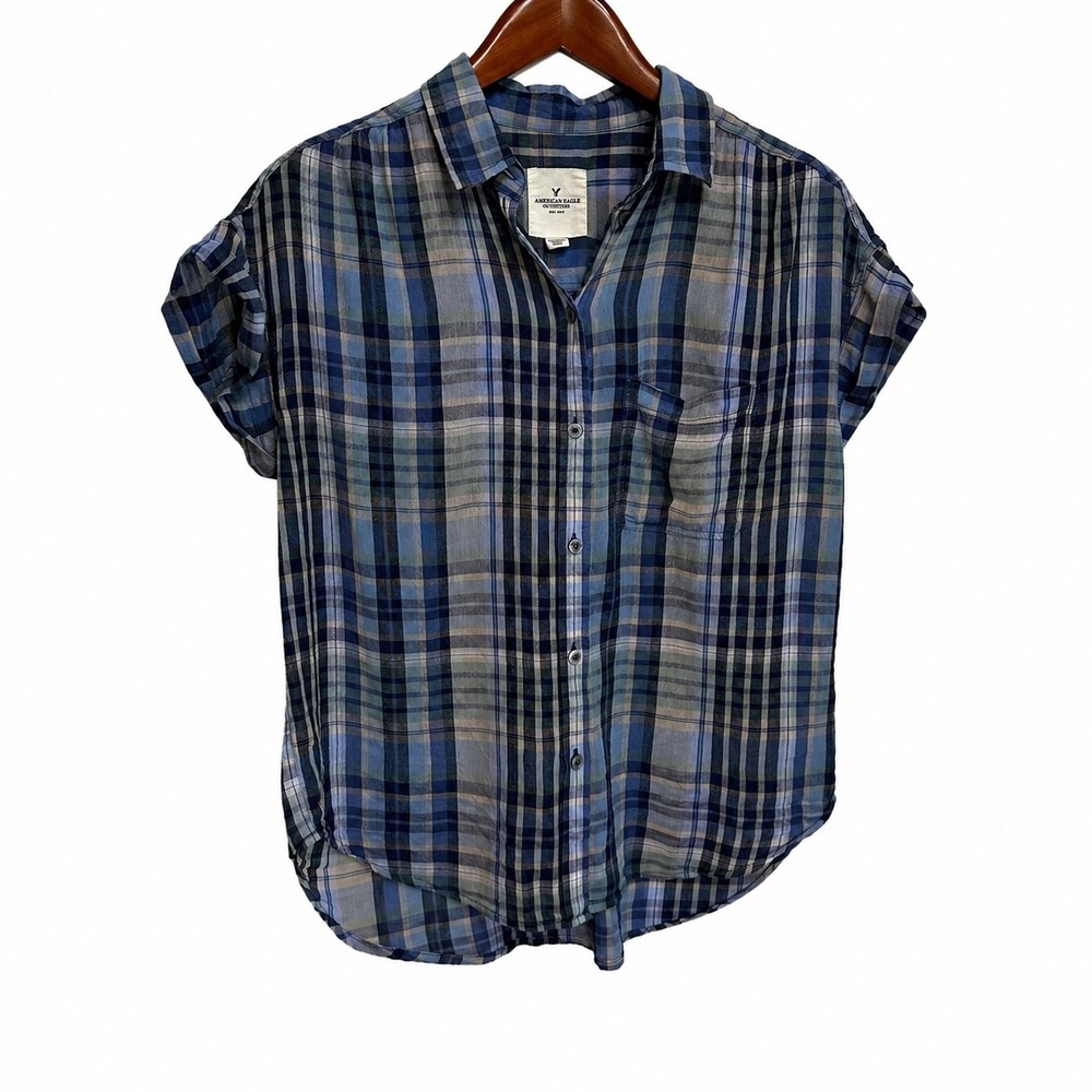 American Eagle Blue Plaid Short Sleeve Button Down Shirt Small Cotton Viscose